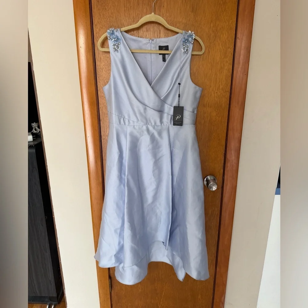 Wedding Guest Adrianna Papell Dusty Blue Satin Midi Dress Size 12 NWT Elegant - Picture 2 of 6